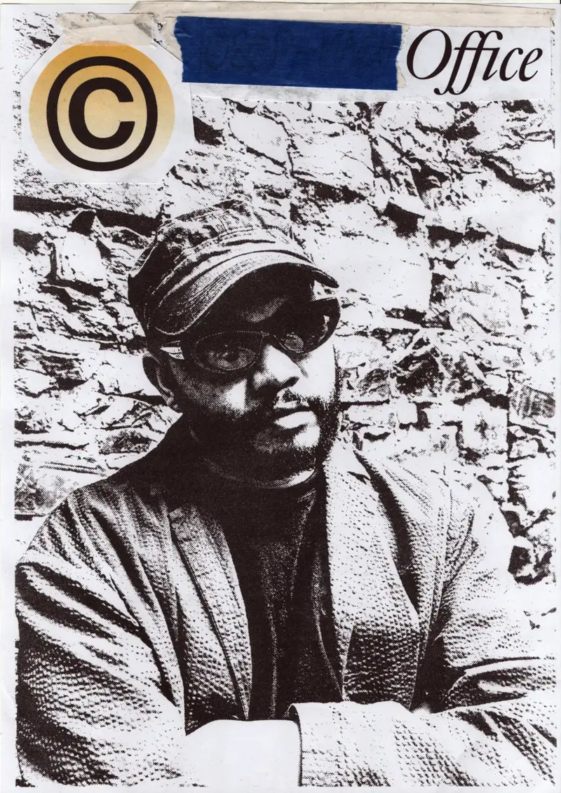 Photocopied self-portrait of Keenan Oliver with assembled graphic elements